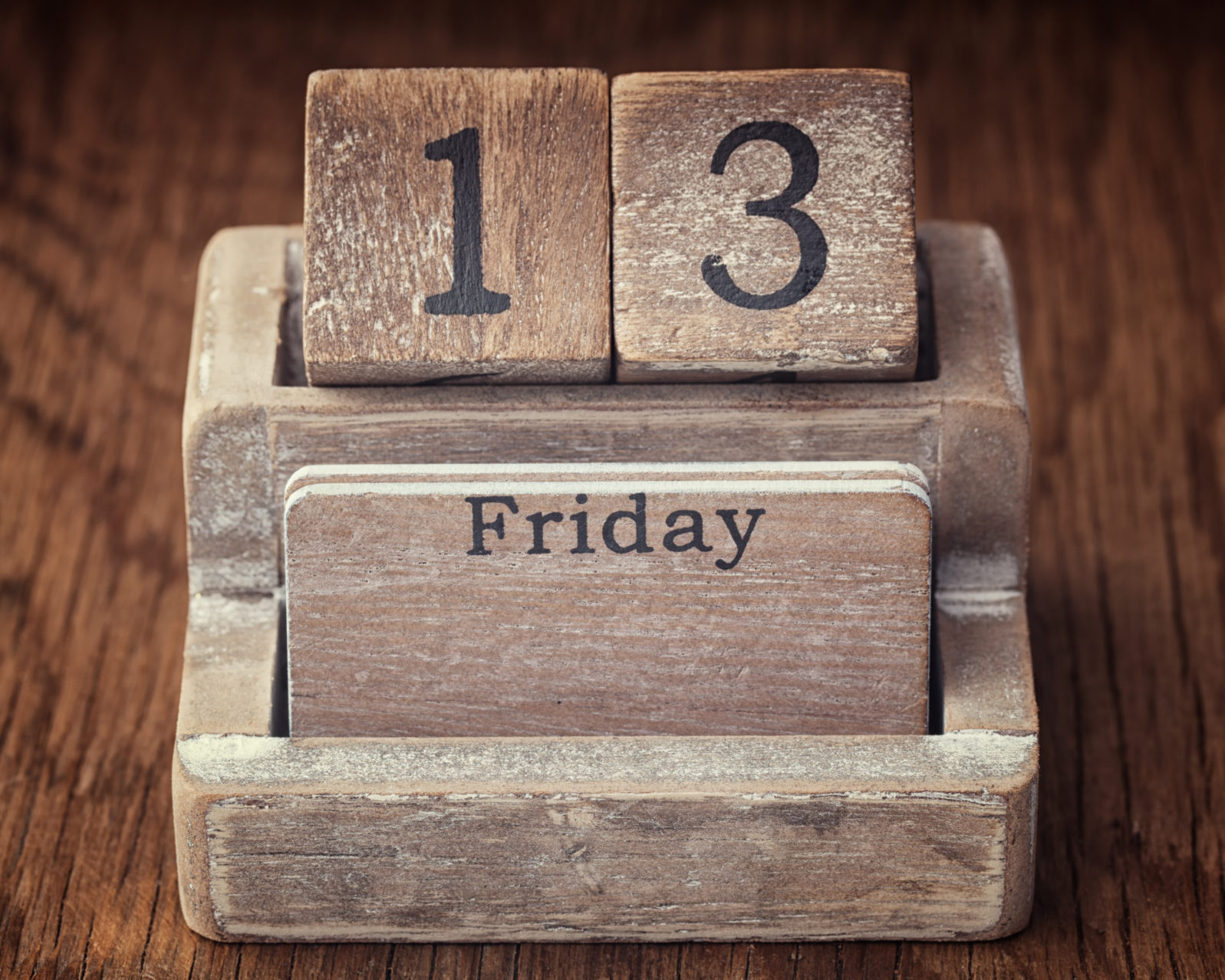 Grunge calendar showing Friday the thirteenth on wood background