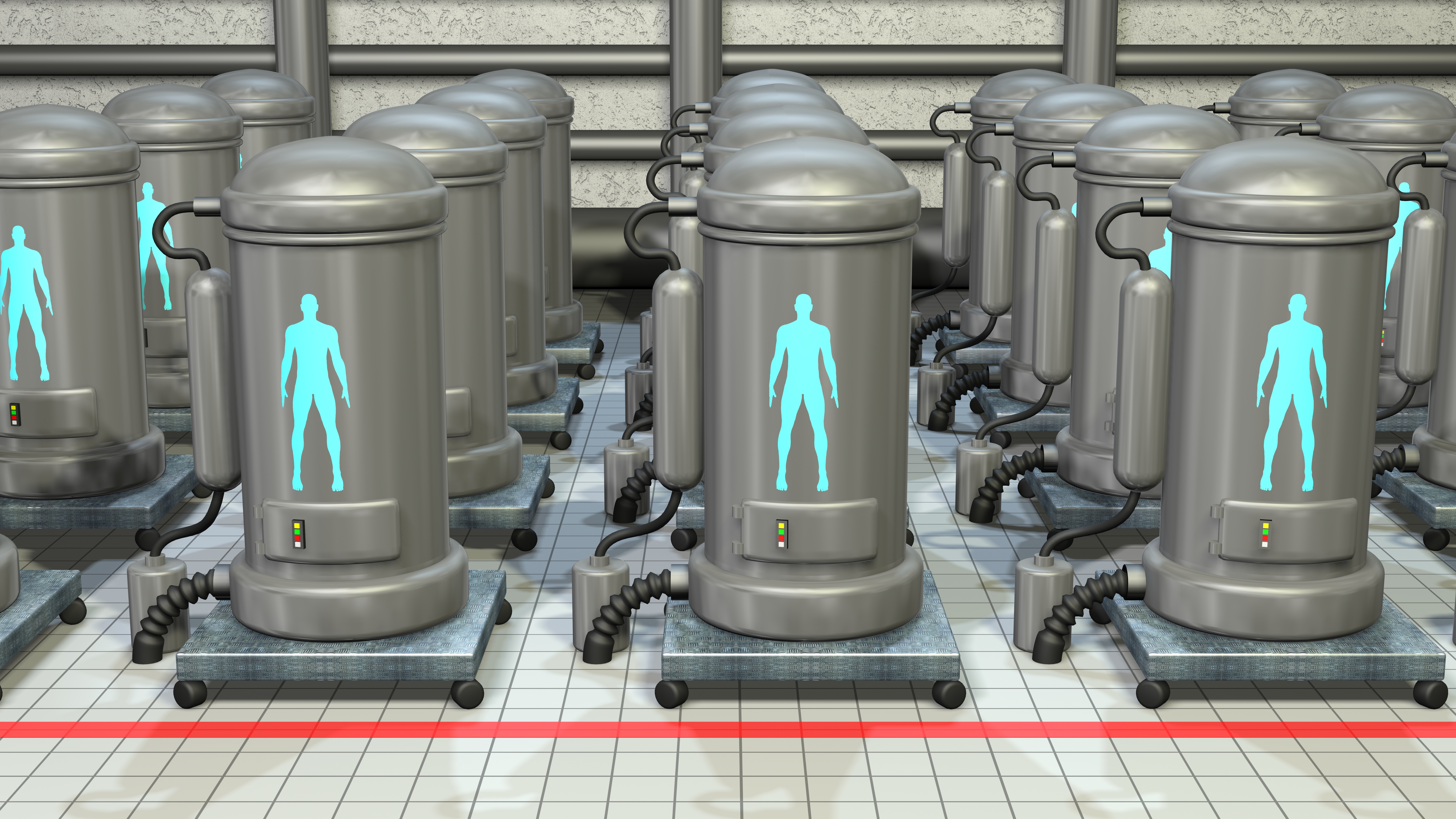 Life support chambers, cryonic tanks containing people. 3d render